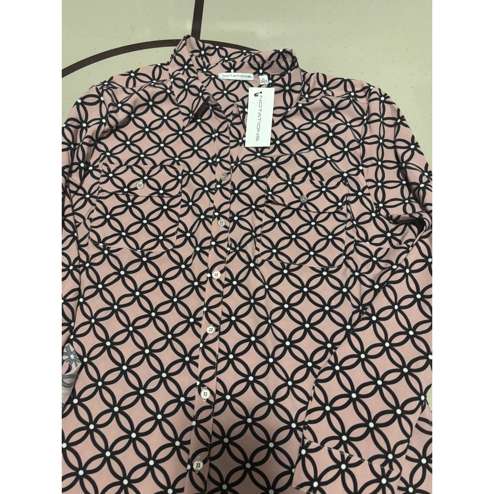 Notations Womens XL Pink Black Geometric Circle Print Button Down Blouse NWT - Picture 2 of 5